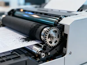 Nowoczesny laptop z otwartym dokumentem oraz pióro i papier na biurku, ilustrujące pracę z plikami w formacie PDF.