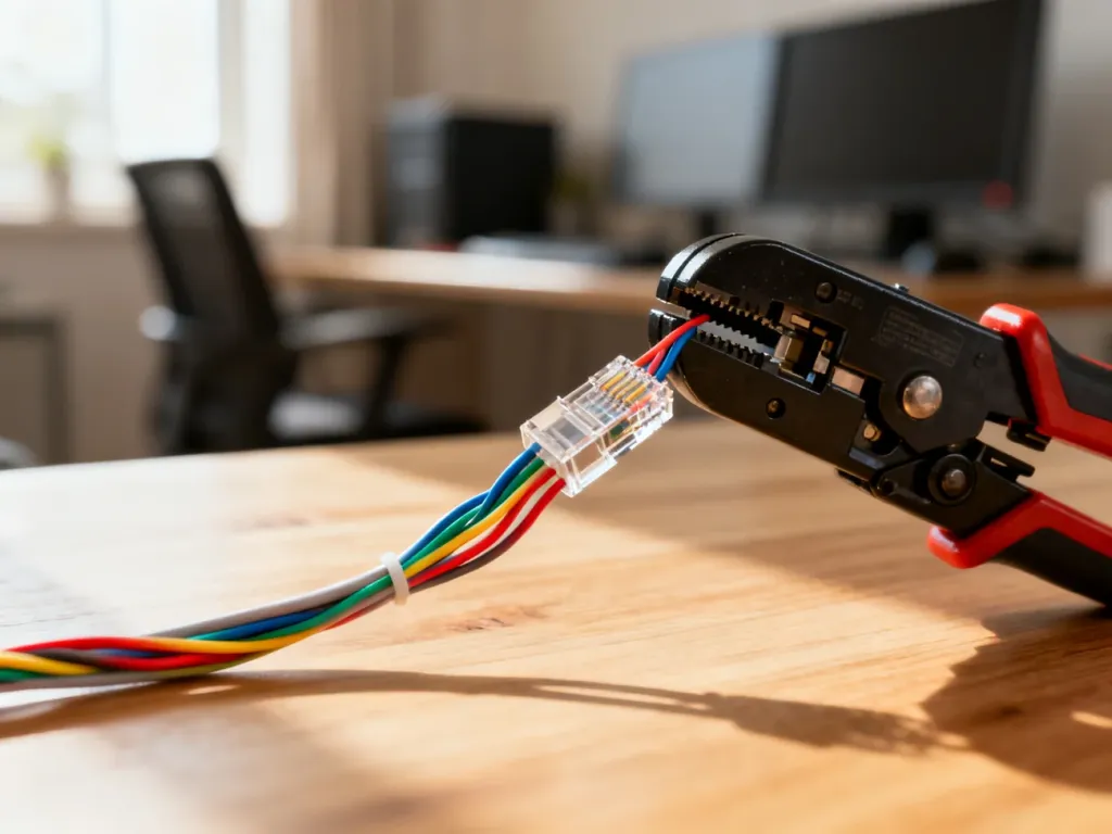 Zbliżenie na proces zarabiania kabla Ethernet w złączu RJ45 przy użyciu zaciskarki na drewnianym blacie.