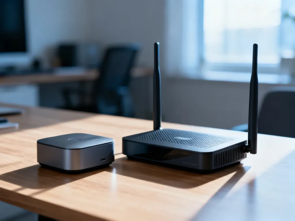 Nowoczesny punkt dostępowy i router ustawione obok siebie na biurku, prezentujące różnice w wyglądzie urządzeń sieciowych.