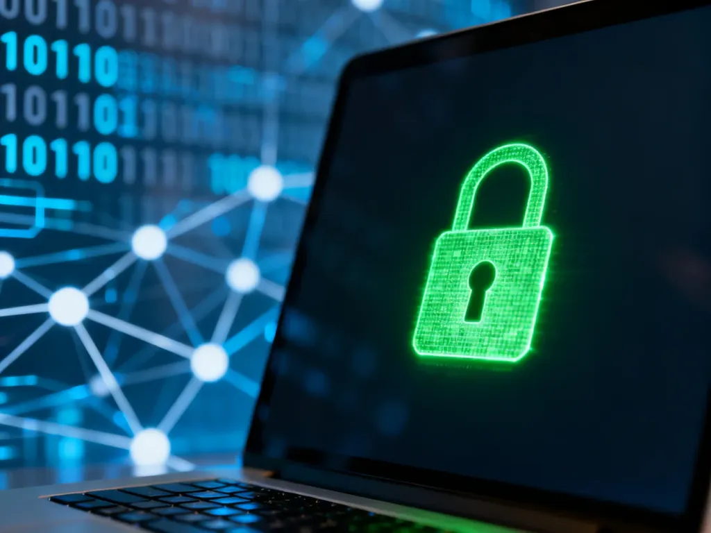 Świecąca na zielono ikona kłódki na ekranie komputera, symbolizująca bezpieczne połączenie internetowe.
