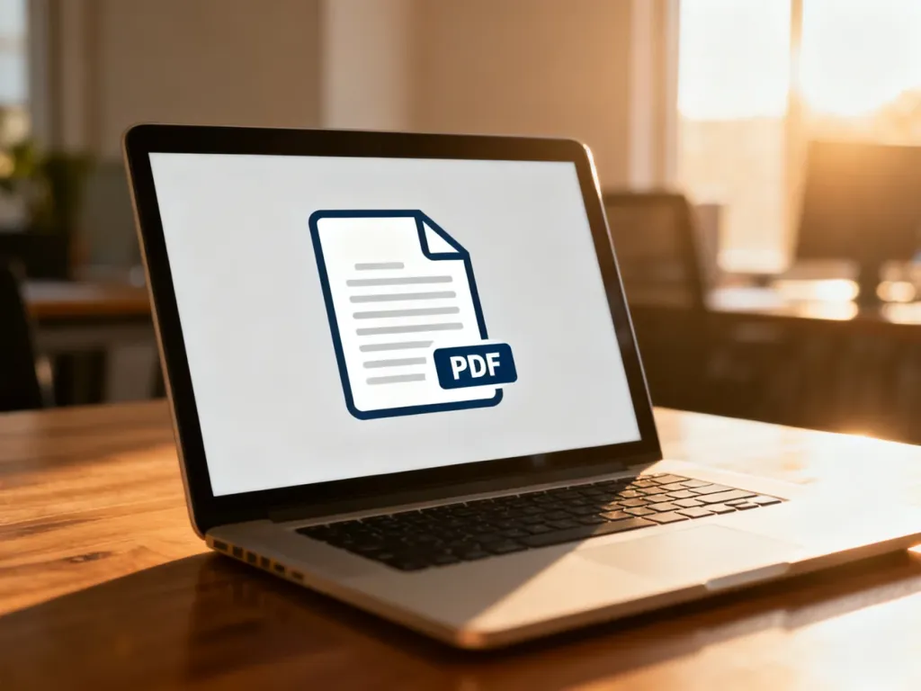 Ekran laptopa z ikoną pliku PDF na drewnianym biurku w słonecznym biurze.