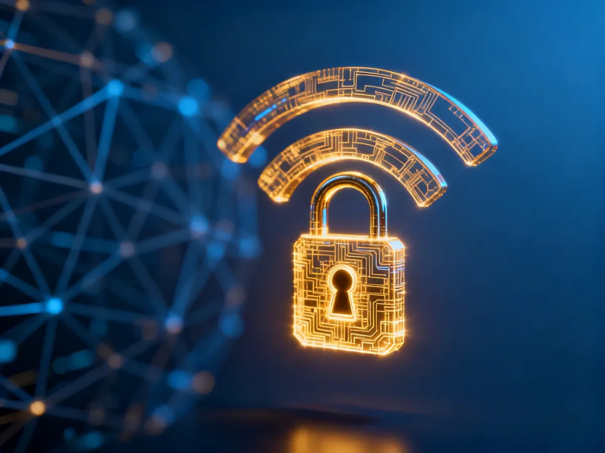 Złota kłódka zintegrowana z symbolem Wi-Fi na tle cyfrowej sieci, symbolizująca skuteczne zabezpieczenie połączenia bezprzewodowego.