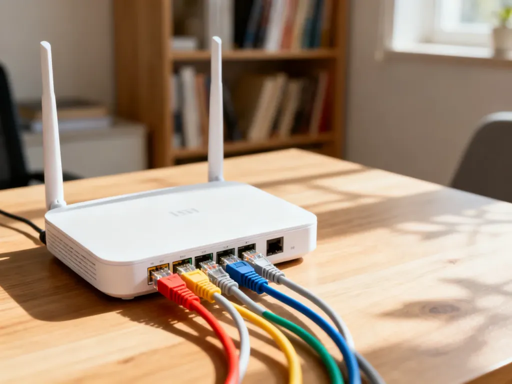 Biały router Wi-Fi na drewnianym biurku z podłączonymi kolorowymi kablami Ethernet w domowym biurze.