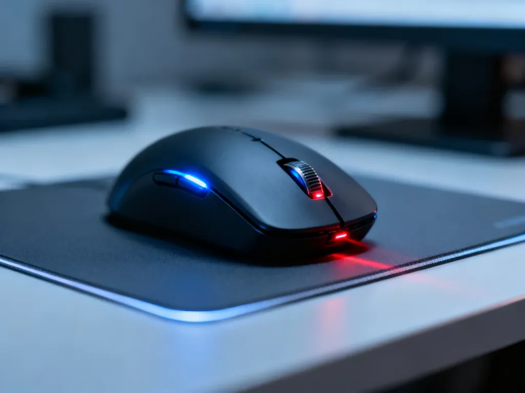 Zbliżenie na sensory myszy komputerowej: optyczny z niebieskim światłem oraz laserowy z czerwoną wiązką.