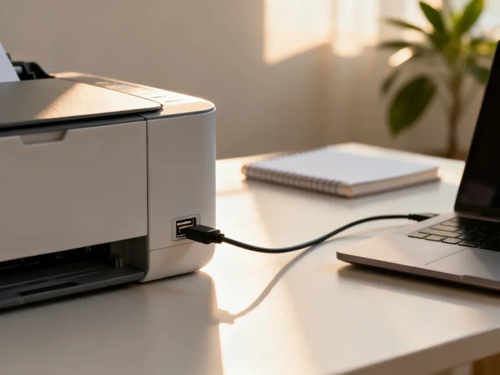 Nowoczesna drukarka podłączona kablem USB do laptopa na biurku w domowym biurze.