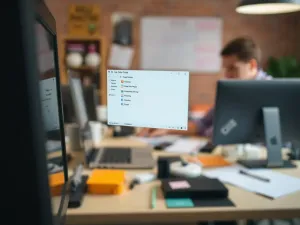 Nowoczesne stanowisko pracy z laptopem wyświetlającym arkusz Excel z danymi procentowymi i wykresami.
