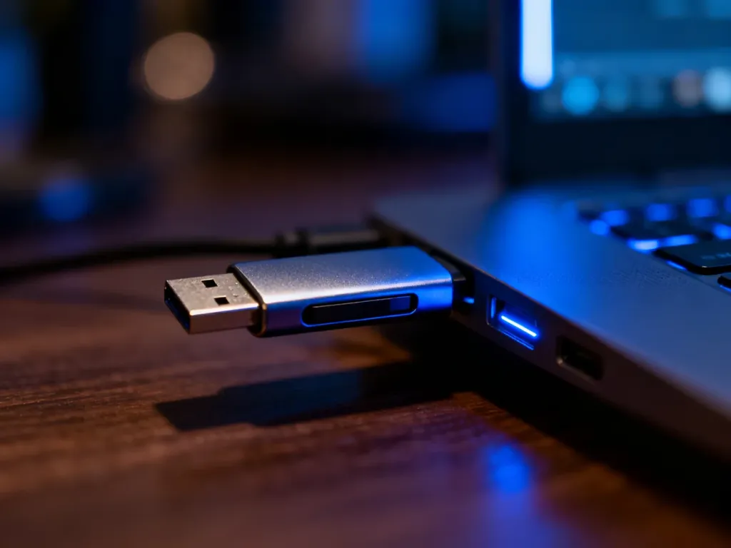 Nowoczesny pendrive wpięty do portu USB komputera w zaciemnionym biurze z niebieskim podświetleniem.