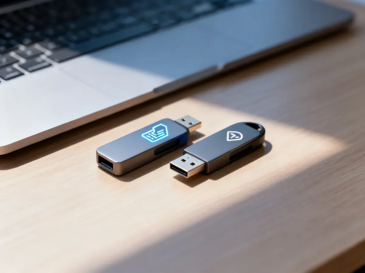 Dwa pendrive'y leżące na drewnianym biurku, symbolizujące wybór między różnymi systemami plików.