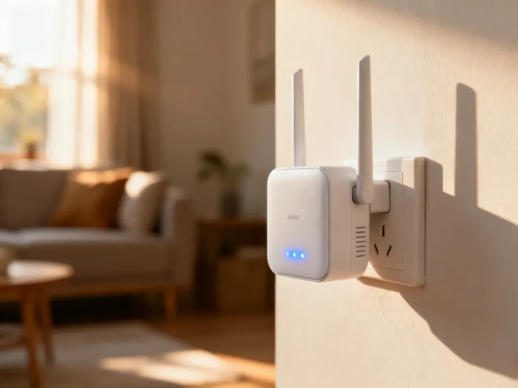 Biały wzmacniacz sygnału Wi-Fi wpięty do gniazdka elektrycznego z widocznymi niebieskimi diodami sygnalizacyjnymi.