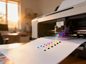 Nowoczesny kontroler do gier na stoliku przed telewizorem wyświetlającym interfejs gry w przytulnym salonie.