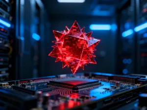 Nowoczesny router z plątaniną kabli światłowodowych oraz wykres diagnostyczny prędkości łącza na monitorze.