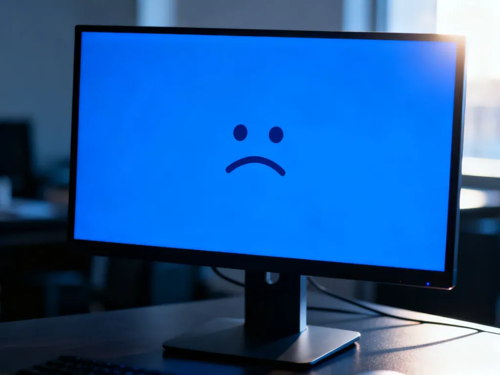 Niebieski ekran błędu systemu Windows z ikoną smutnej buźki na monitorze komputera w biurze.