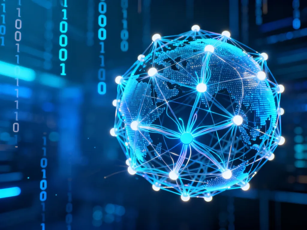 Cyfrowa sieć połączeń z węzłami danych, symbolizująca globalną infrastrukturę internetową i działanie systemu DNS.