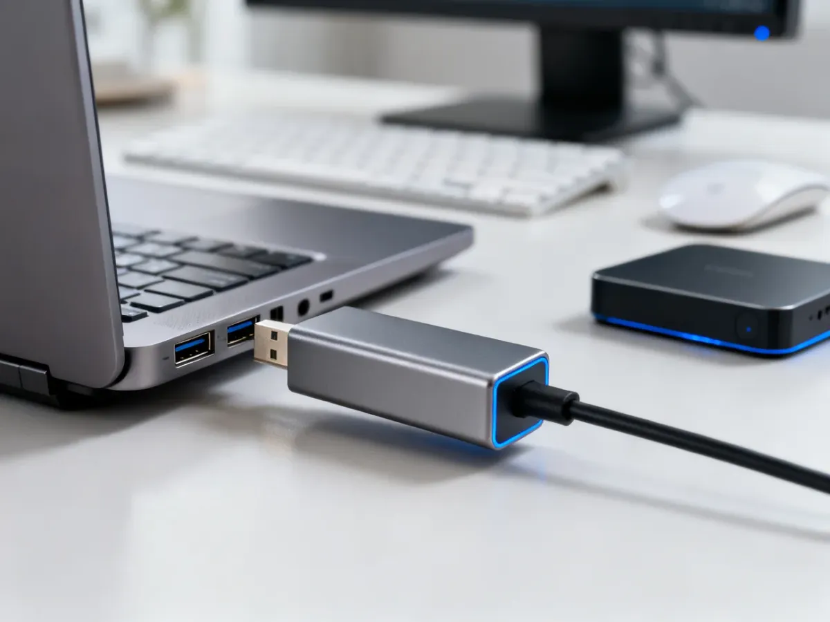 Zbliżenie wtyczki USB-A podłączanej do portu laptopa