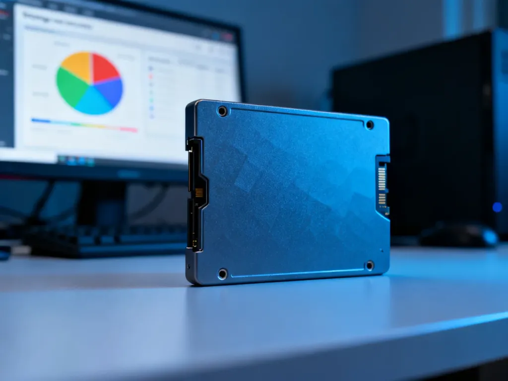Dysk SSD na biurku z widocznym w tle wykresem zużycia pamięci na monitorze komputera.