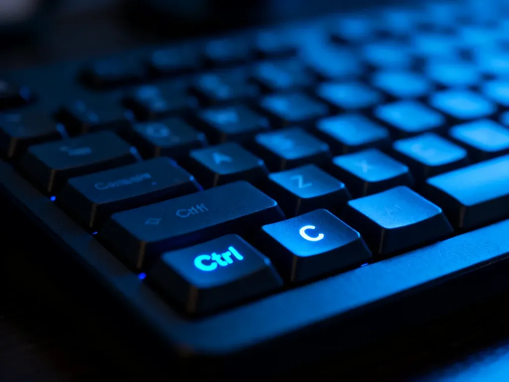Zbliżenie na podświetlone klawisze Ctrl i C na klawiaturze komputerowej w ciemnym pomieszczeniu.