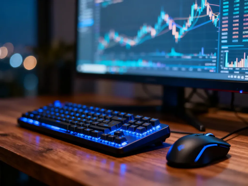 Nowoczesne stanowisko gracza z podświetlaną klawiaturą na tle monitora z wykresami finansowymi.