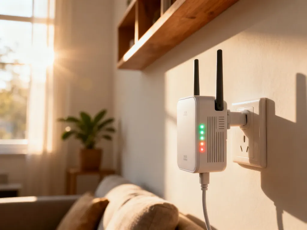Wzmacniacz sygnału Wi-Fi podłączony do gniazdka w salonie, sygnalizujący poprawne połączenie za pomocą diod LED.