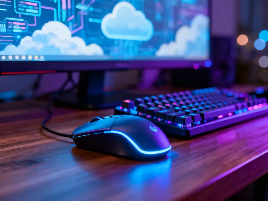 Nowoczesne stanowisko gracza z podświetlaną klawiaturą i myszką na tle monitora z wizualizacją chmury obliczeniowej.