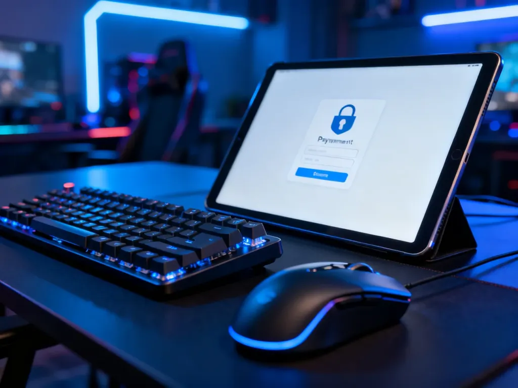 Nowoczesne stanowisko gamingowe z widocznym na ekranie tabletu symbolem bezpiecznej płatności online.