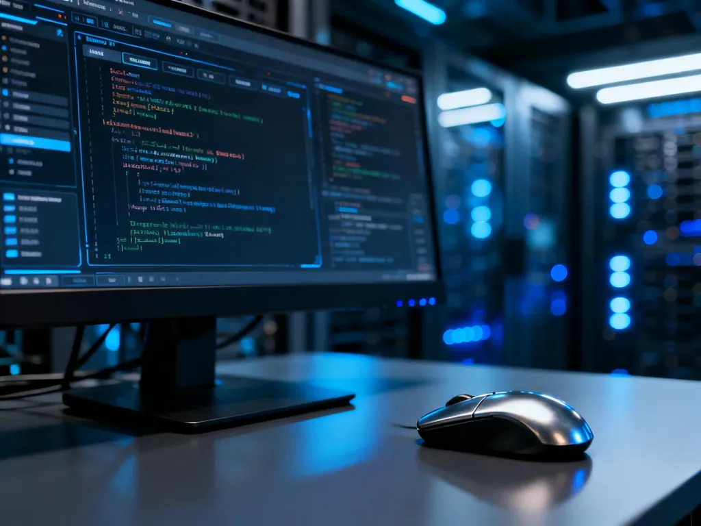 Monitor komputera z zaawansowanym interfejsem systemowym i liniami kodu w nowoczesnym, technologicznym otoczeniu.