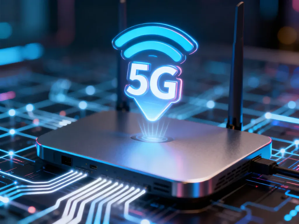 Świecąca ikona sygnału 5G nad nowoczesnym routerem, symbolizująca szybką łączność i zaawansowaną technologię sieciową.