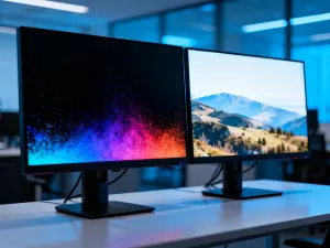Nowoczesny monitor komputerowy z abstrakcyjnym cyfrowym interfejsem w przyciemnionym biurze domowym.