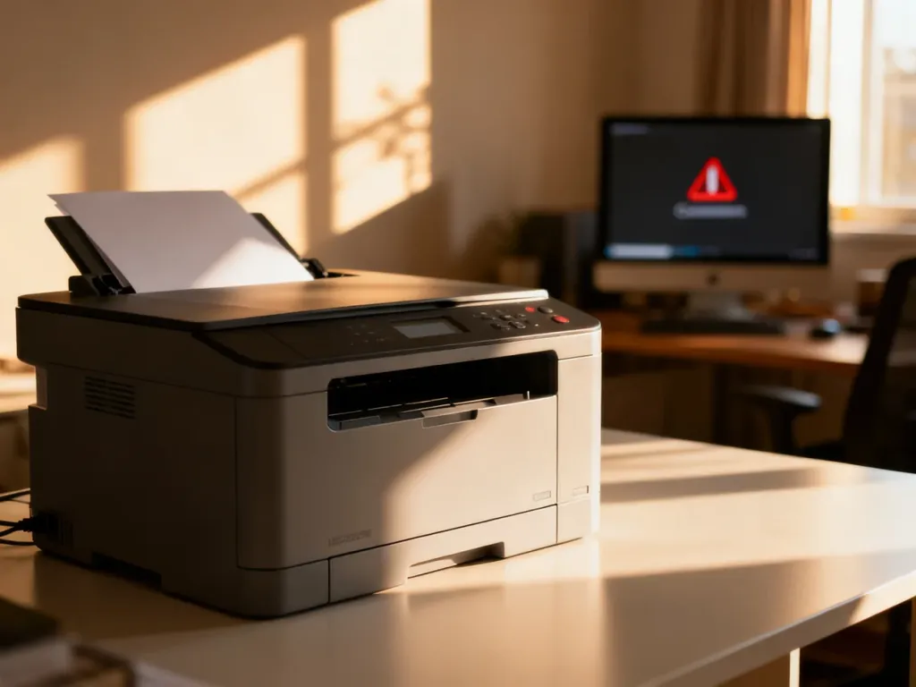 Nowoczesna drukarka na biurku w domowym biurze, w tle monitor z widocznym błędem połączenia.