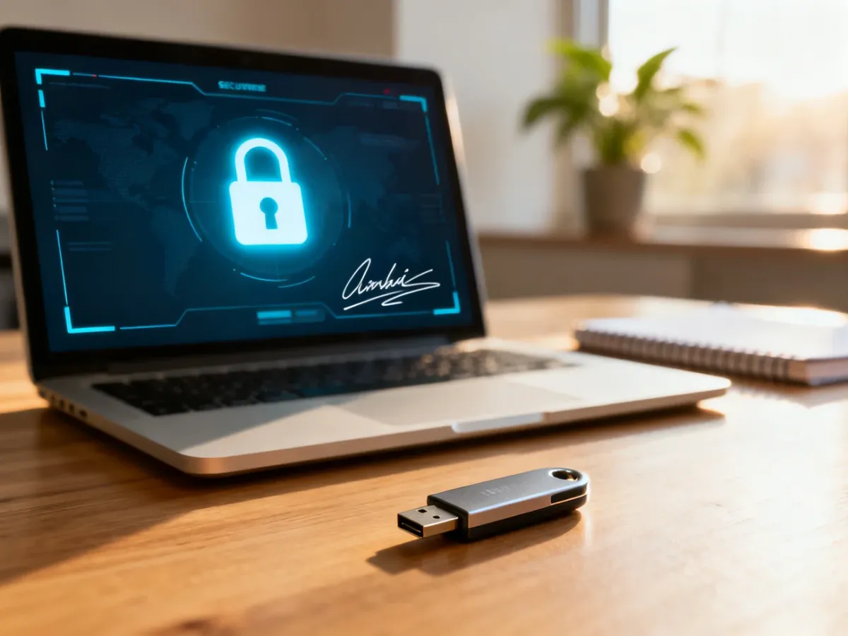Klucz USB do podpisu elektronicznego leżący na biurku obok laptopa z widocznym interfejsem bezpiecznego podpisywania dokumentów.