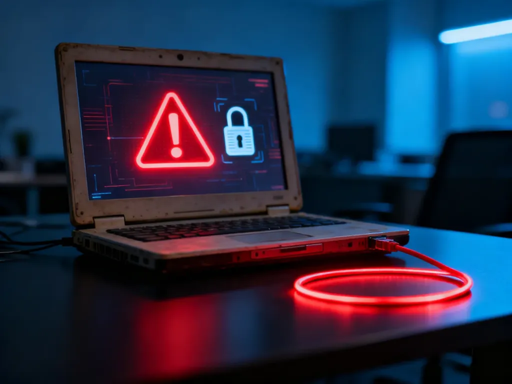 Ekran starego laptopa z czerwoną ikoną ostrzegawczą i kłódką, symbolizujący zagrożenie cyberbezpieczeństwa i phishing.