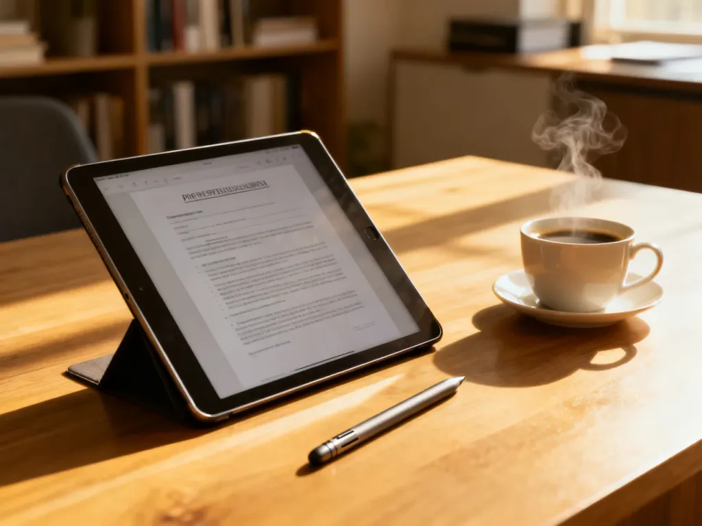 Nowoczesny tablet z wyświetlonym dokumentem na drewnianym biurku, symbolizujący wygodną pracę z plikami PDF.
