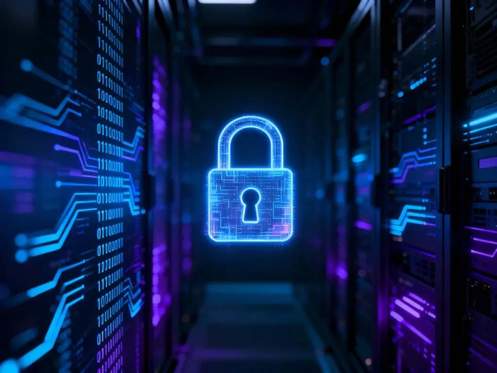 Świecąca cyfrowa kłódka na tle serwerowni i kodu binarnego, symbolizująca ochronę danych i cyberbezpieczeństwo.