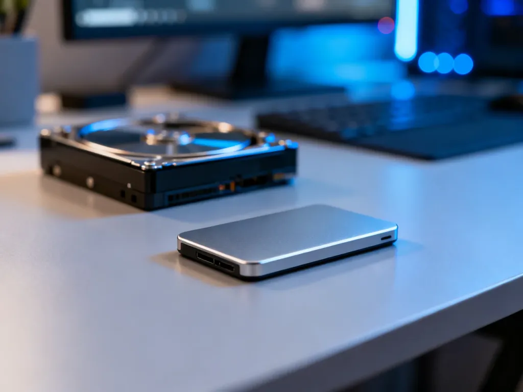 Nowoczesny dysk SSD na biurku w zestawieniu z tradycyjnym dyskiem HDD w tle, obrazujący różnicę między technologiami.
