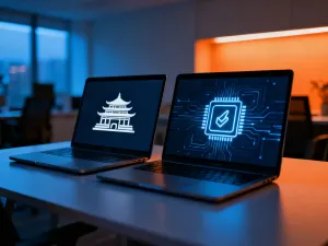 Nowoczesny monitor z minimalistycznym pulpitem systemu Windows 11 w estetycznym, domowym biurze.