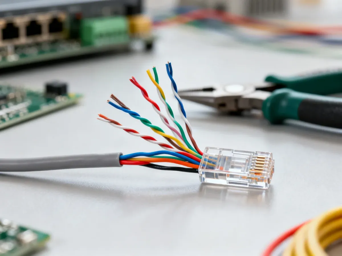 Żyły kabla Ethernet ułożone według standardu T568B obok wtyku RJ45