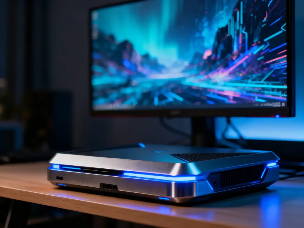 Futurystyczna konsola Steam Machine z niebieskim podświetleniem LED na minimalistycznym biurku w nowoczesnym pokoju gracza.