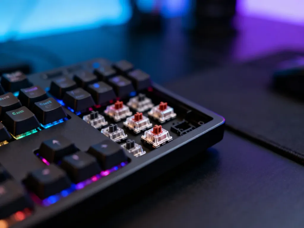 Zbliżenie na mechaniczne przełączniki klawiatury z podświetleniem RGB, ukazujące precyzyjną budowę urządzenia.