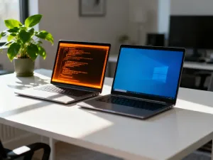 Ekran laptopa z ikoną strzałki symbolizującą przekierowanie wiadomości e-mail w profesjonalnym biurze.