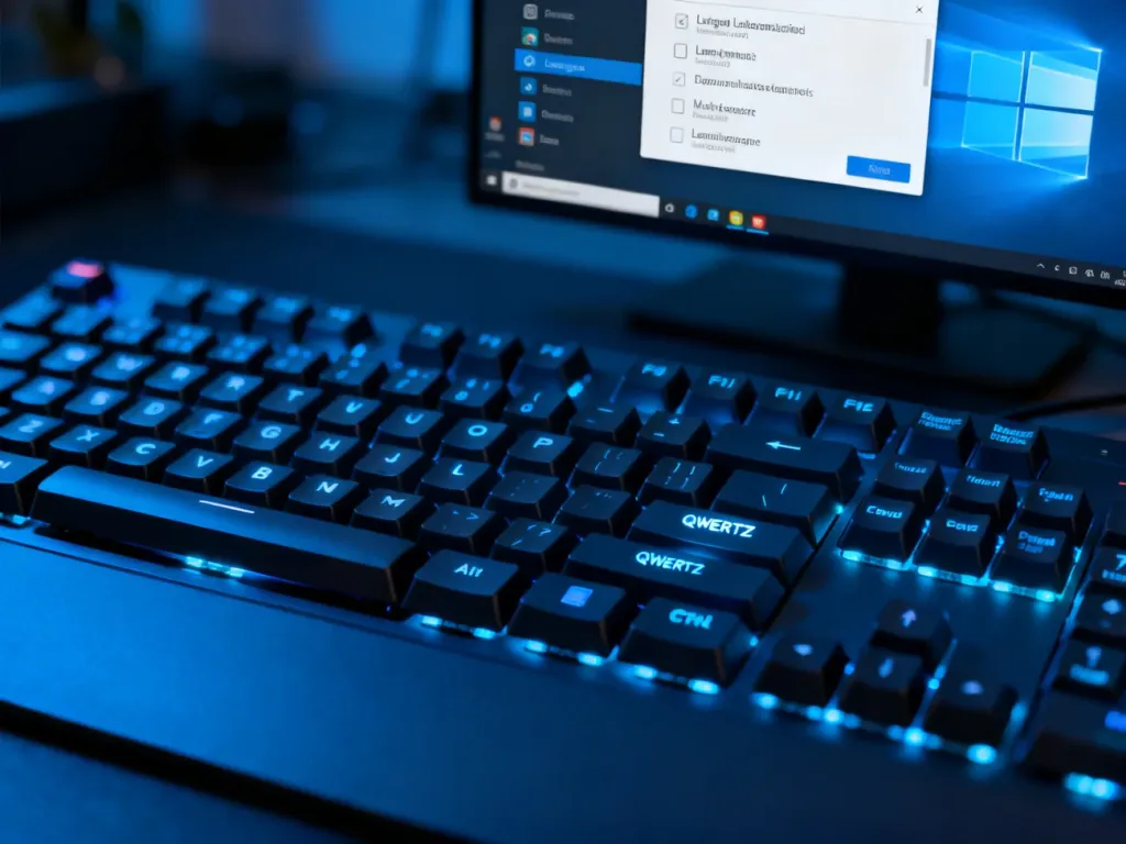Podświetlona klawiatura w układzie QWERTZ oraz menu ustawień języka w systemie Windows na ekranie monitora.