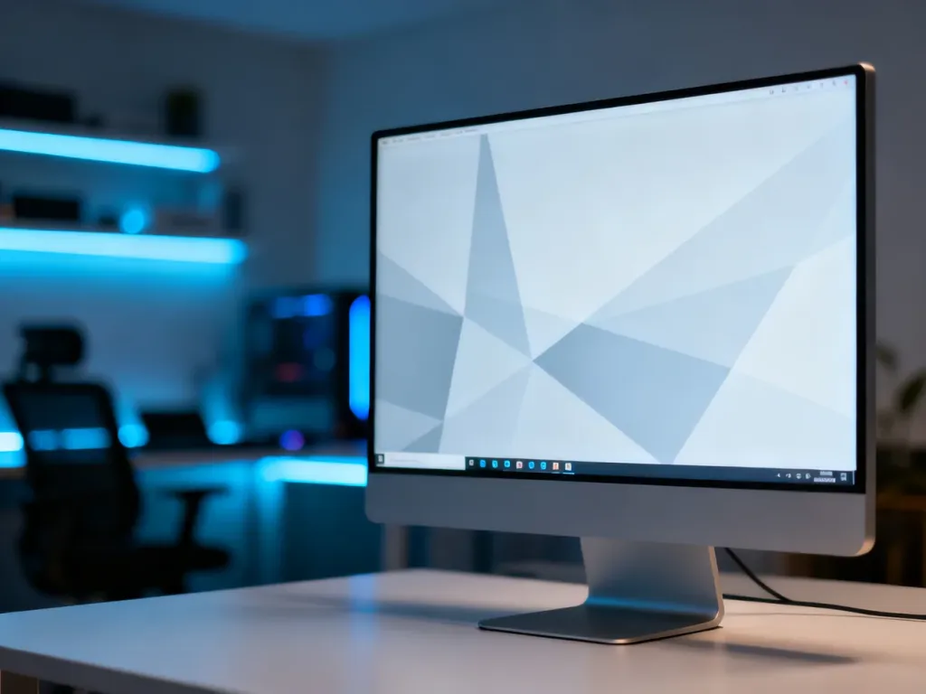 Nowoczesny monitor z minimalistycznym pulpitem systemu Windows 11 w estetycznym, domowym biurze.
