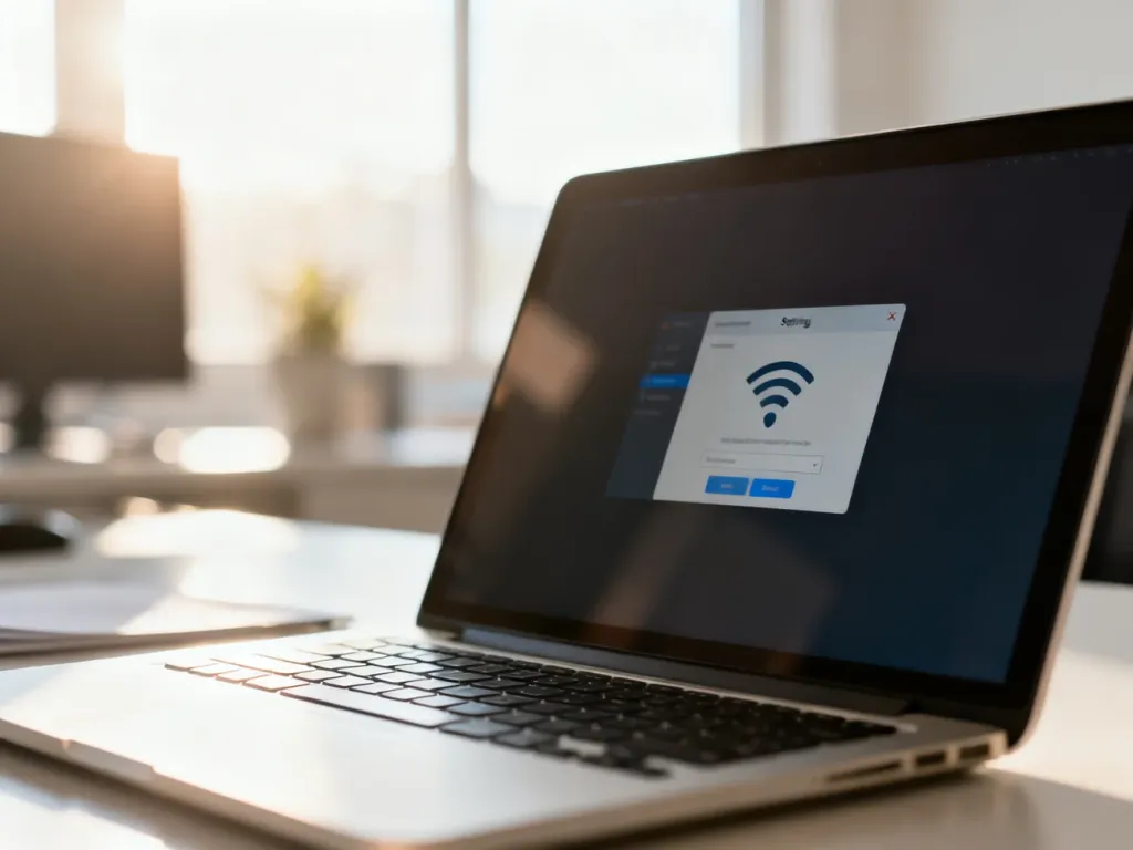 Ekran laptopa z otwartym menu ustawień sieci bezprzewodowej w jasnym biurze.