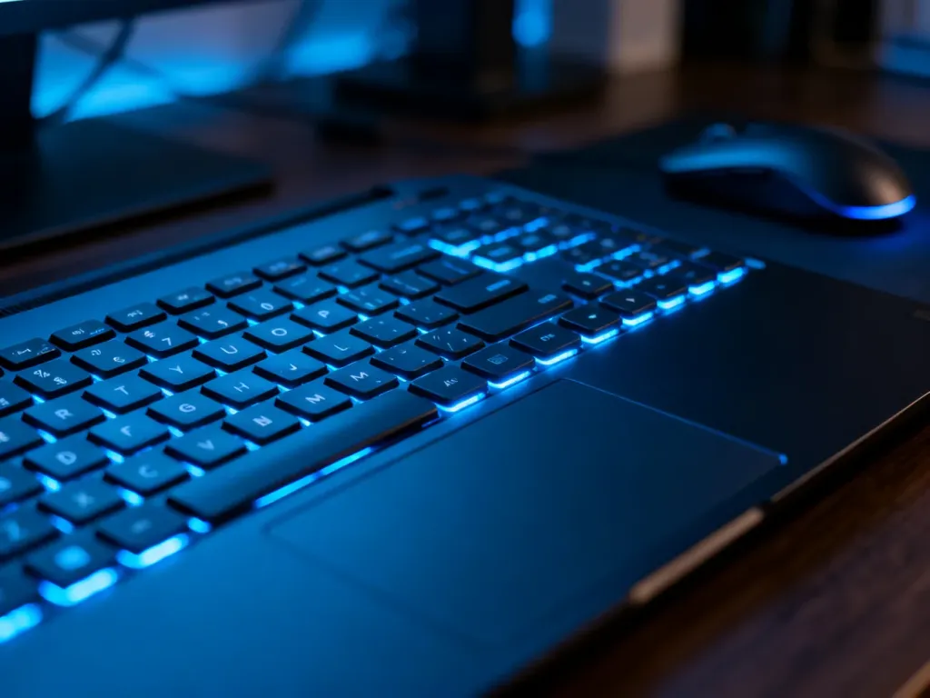 Nowoczesna klawiatura laptopa z włączonym niebieskim podświetleniem w przyciemnionym pomieszczeniu.