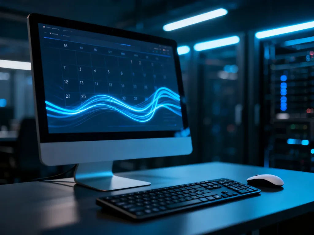 Nowoczesne stanowisko pracy z monitorem wyświetlającym cyfrowy kalendarz na tle serwerowni, symbolizujące wsparcie techniczne.