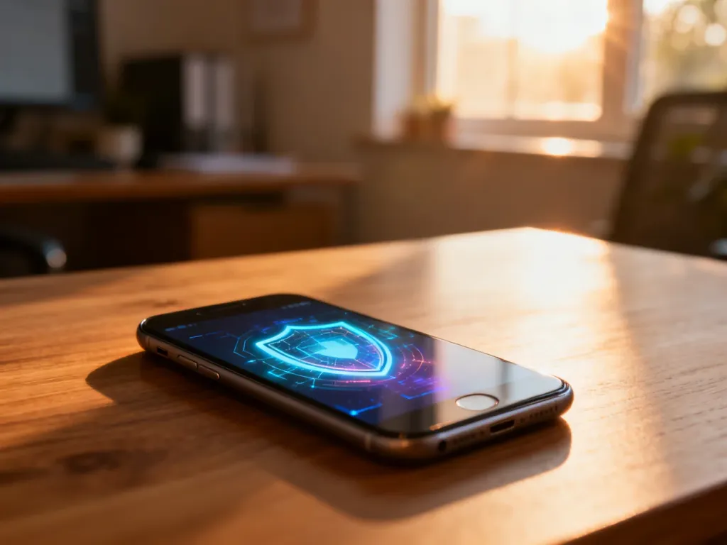 Smartfon z ikoną tarczy na ekranie, symbolizującą ochronę antywirusową urządzenia z systemem Android.