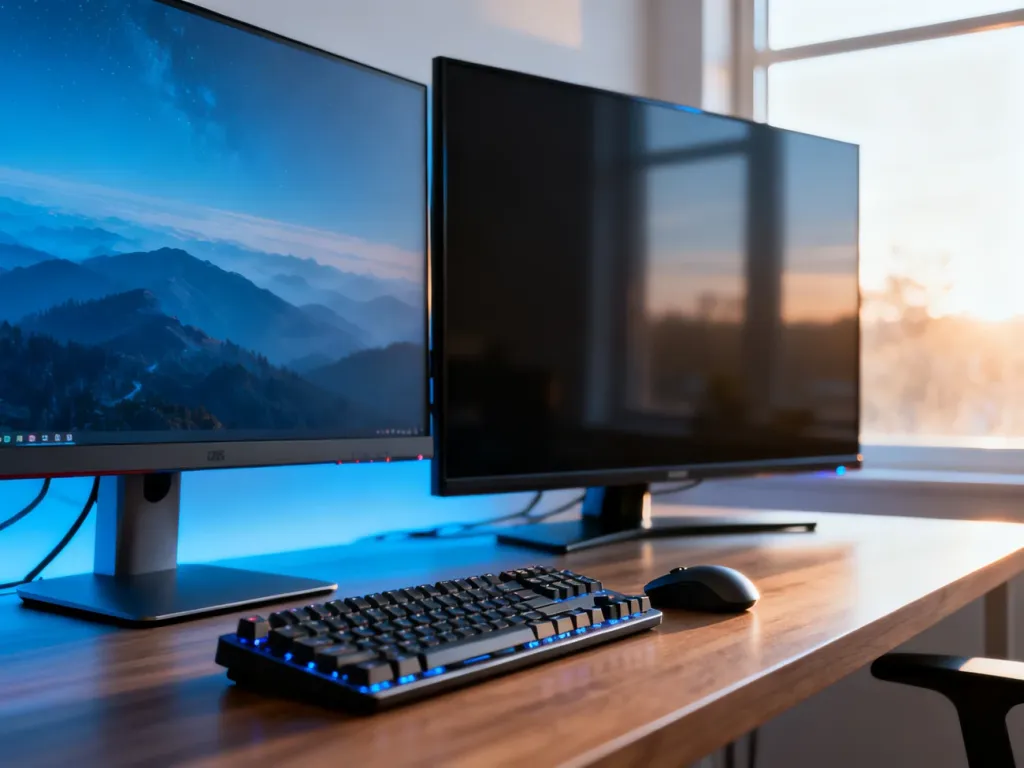 Nowoczesny monitor i telewizor 4K ustawione obok siebie na biurku, prezentujące różnice w sprzęcie do pracy i rozrywki.