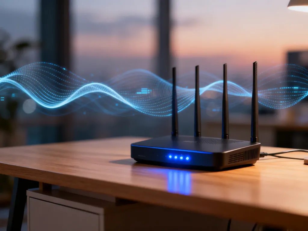 Nowoczesny router bezprzewodowy na drewnianym biurku z wizualizacją fal przesyłu danych w tle.