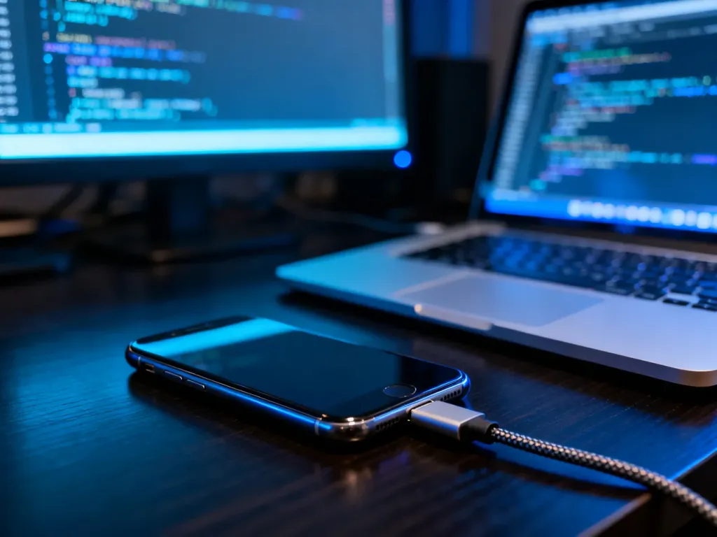 Smartfon podłączony kablem USB do laptopa, na którego ekranie widoczne są linie kodu i logi techniczne.