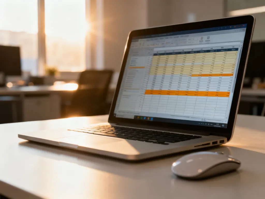 Otwarty laptop z arkuszem kalkulacyjnym na biurku, ilustrujący pracę z danymi w programie Excel.