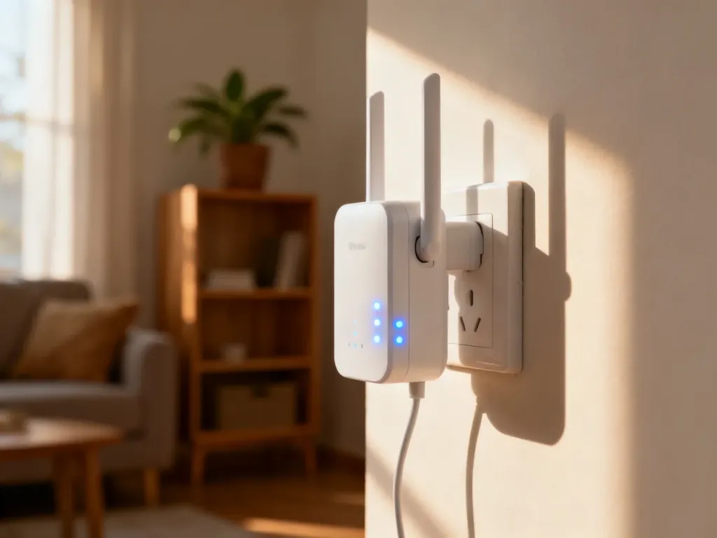 Biały wzmacniacz sygnału Wi-Fi podłączony do gniazdka elektrycznego z widocznymi niebieskimi diodami sygnalizacyjnymi.