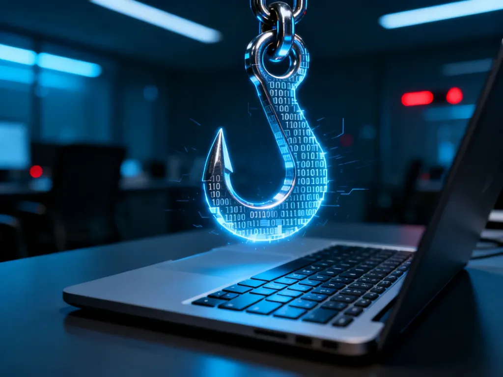 Świetlisty cyfrowy hak z kodu binarnego nad klawiaturą laptopa, symbolizujący zagrożenie phishingiem w cyberprzestrzeni.